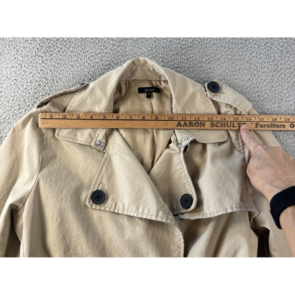 Quince Comfort Stretch Short Trench Coat Womens Large Khaki Tan Belted Cotton - Picture 6 of 14